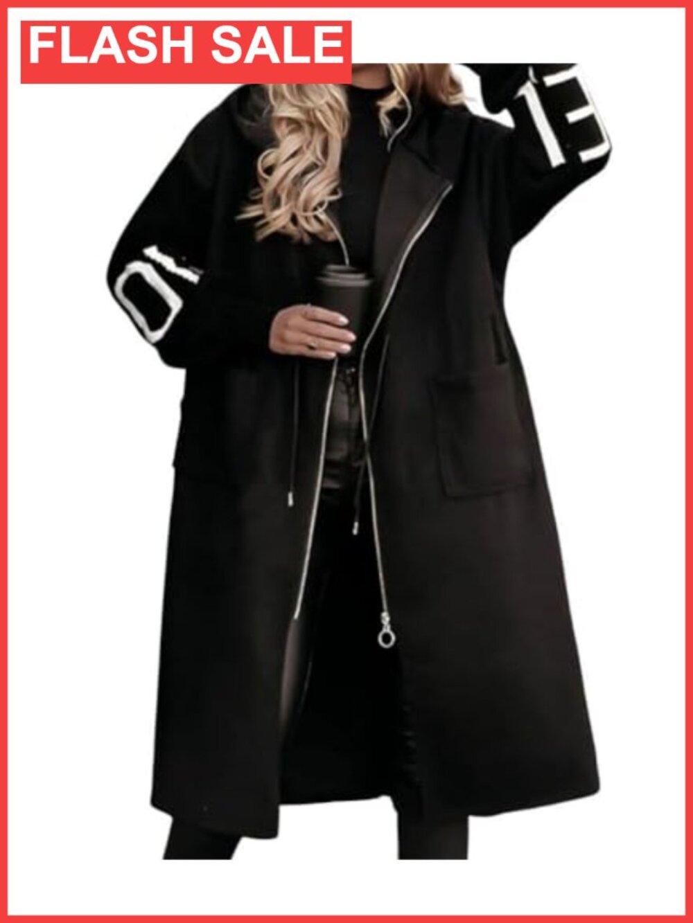 Wool Blend Trench Coat Zip Up Hooded Overcoat with Pockets